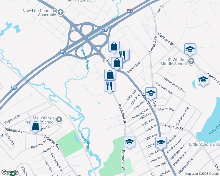map of restaurants, bars, coffee shops, grocery stores, and more near 3 Primrose Way in Haverhill