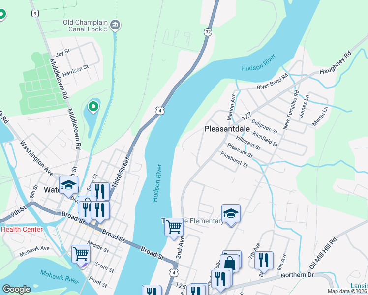 map of restaurants, bars, coffee shops, grocery stores, and more near 332 Hudson Avenue in Troy