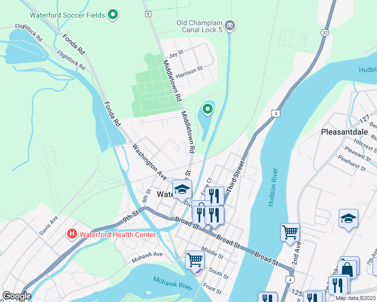 map of restaurants, bars, coffee shops, grocery stores, and more near 45 6th Street in Waterford