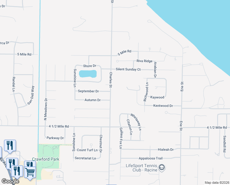 map of restaurants, bars, coffee shops, grocery stores, and more near 5735 Charles Street in Racine