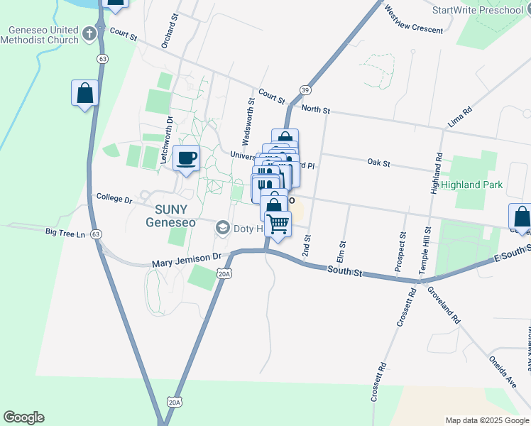 map of restaurants, bars, coffee shops, grocery stores, and more near 125 Main Street in Geneseo