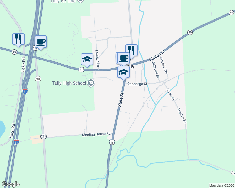 map of restaurants, bars, coffee shops, grocery stores, and more near 46 State Street in Tully
