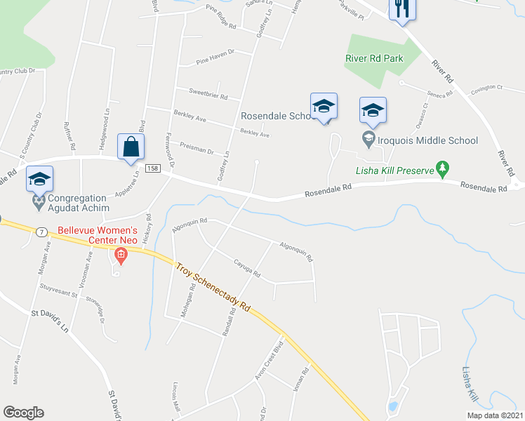 map of restaurants, bars, coffee shops, grocery stores, and more near 2376 Rosendale Road in Schenectady