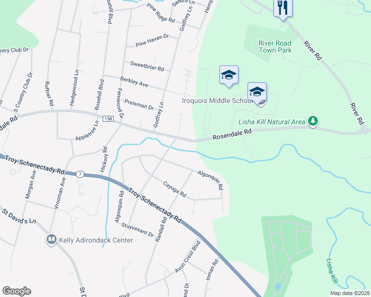 map of restaurants, bars, coffee shops, grocery stores, and more near 2376 Rosendale Road in Schenectady