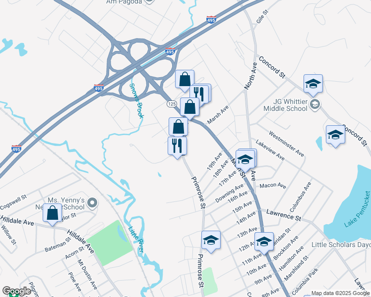 map of restaurants, bars, coffee shops, grocery stores, and more near 631 Primrose Street in Haverhill