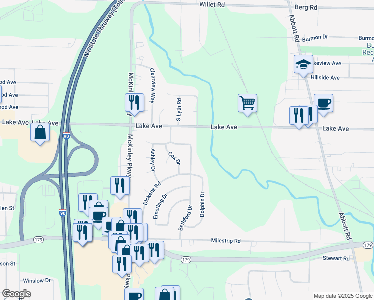 map of restaurants, bars, coffee shops, grocery stores, and more near 3341 Bethford Drive in Buffalo