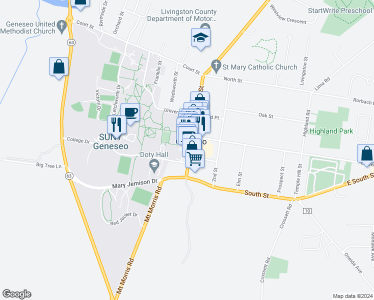 map of restaurants, bars, coffee shops, grocery stores, and more near 116 Main Street in Geneseo