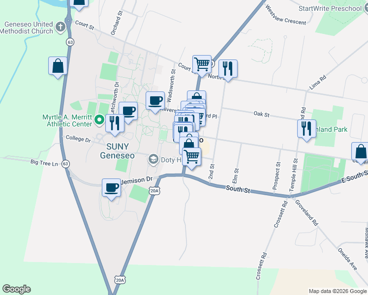 map of restaurants, bars, coffee shops, grocery stores, and more near 125 Main Street in Geneseo