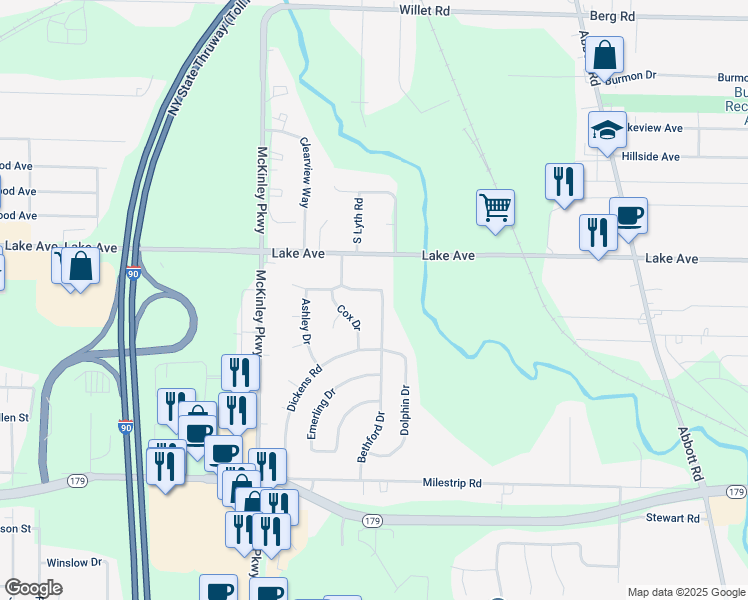 map of restaurants, bars, coffee shops, grocery stores, and more near 3341 Bethford Drive in Buffalo