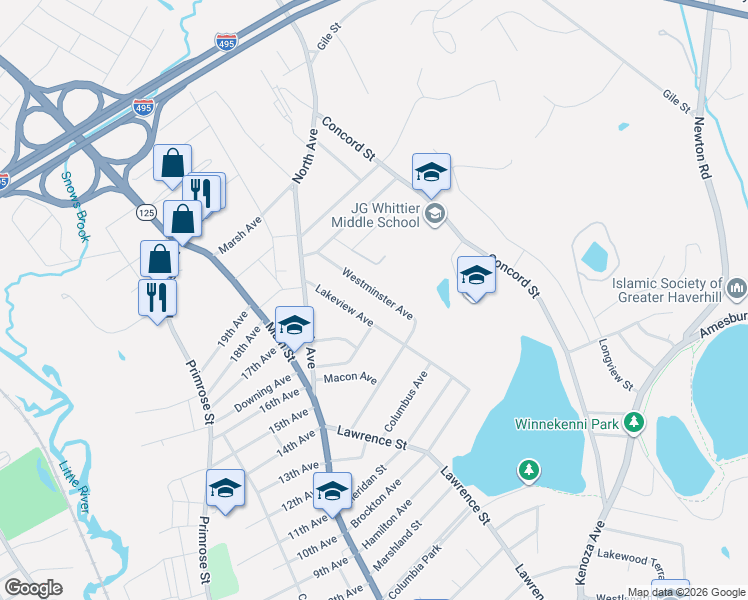 map of restaurants, bars, coffee shops, grocery stores, and more near 52 Lakeview Avenue in Haverhill