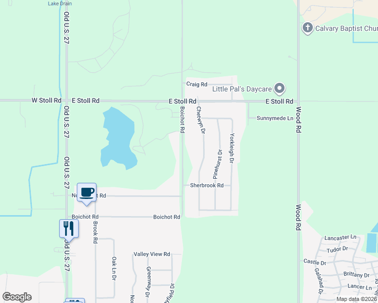 map of restaurants, bars, coffee shops, grocery stores, and more near 15269 Boichot Road in Lansing
