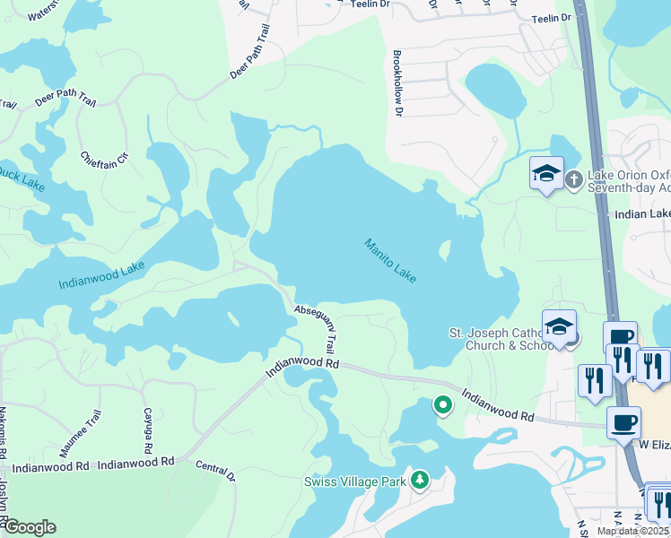 map of restaurants, bars, coffee shops, grocery stores, and more near 698 Abseguami Trail in Orion charter Township