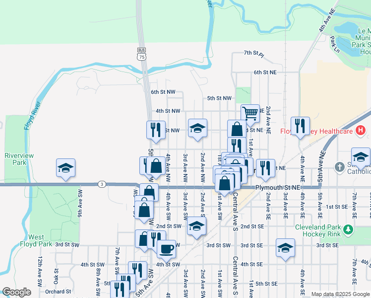 map of restaurants, bars, coffee shops, grocery stores, and more near 199 3rd Avenue Northwest in Le Mars