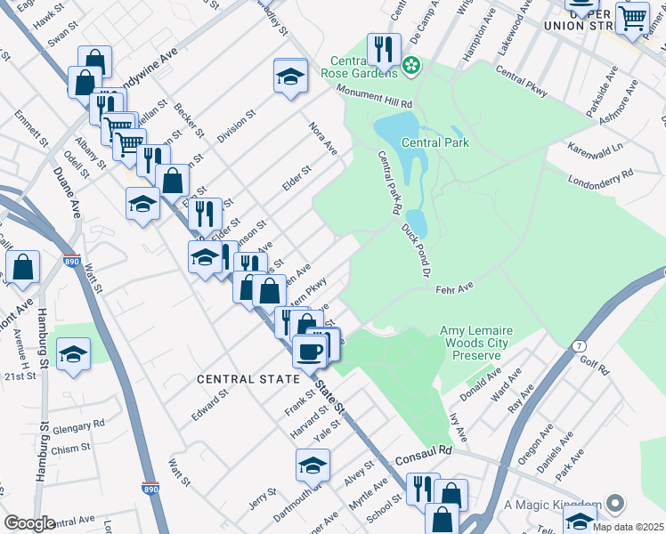 map of restaurants, bars, coffee shops, grocery stores, and more near 119 Western Parkway in Schenectady