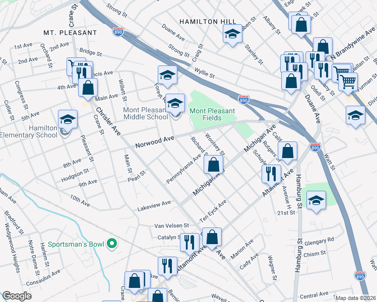 map of restaurants, bars, coffee shops, grocery stores, and more near 1376 Santa Fe Street in Schenectady