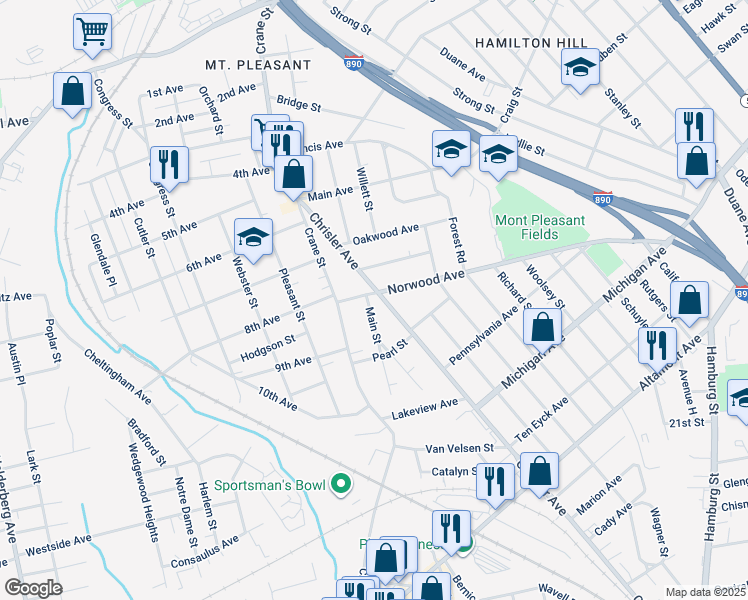 map of restaurants, bars, coffee shops, grocery stores, and more near 1229 Main Street in Schenectady