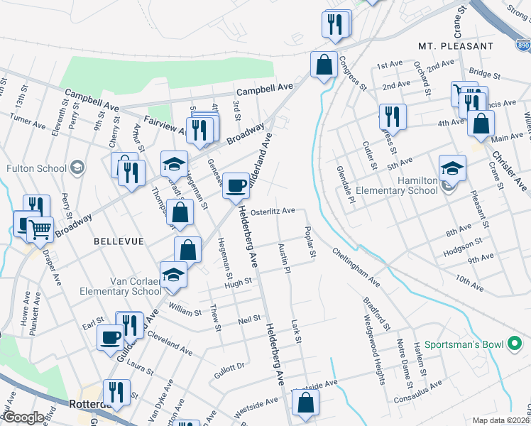 map of restaurants, bars, coffee shops, grocery stores, and more near 1050 Austin Place in Schenectady