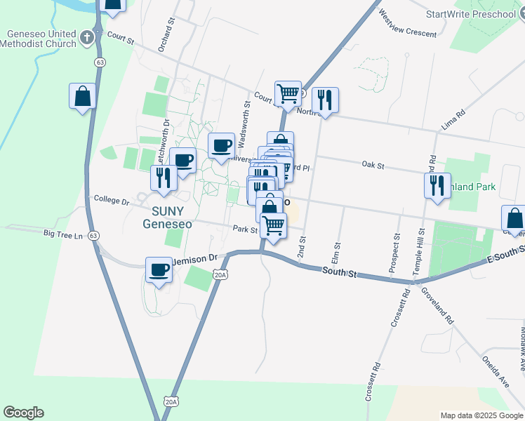 map of restaurants, bars, coffee shops, grocery stores, and more near 125 Main Street in Geneseo