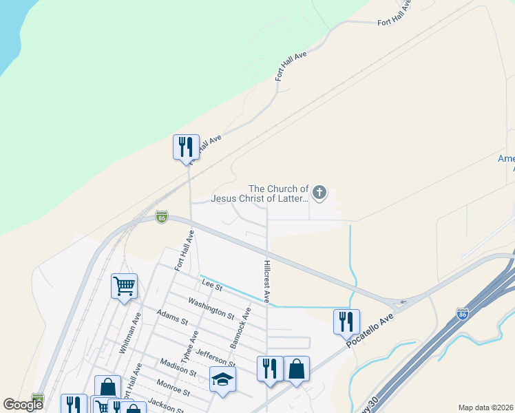 map of restaurants, bars, coffee shops, grocery stores, and more near 360-398 Autumn Way in American Falls