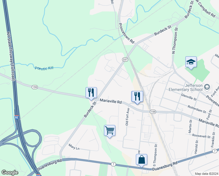 map of restaurants, bars, coffee shops, grocery stores, and more near 610 Mariaville Road in Schenectady