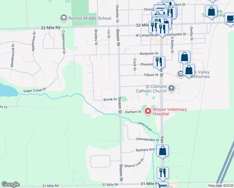 map of restaurants, bars, coffee shops, grocery stores, and more near 392 Brook Drive in Romeo