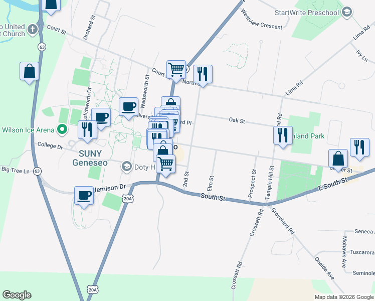map of restaurants, bars, coffee shops, grocery stores, and more near 15 Chestnut Street in Geneseo