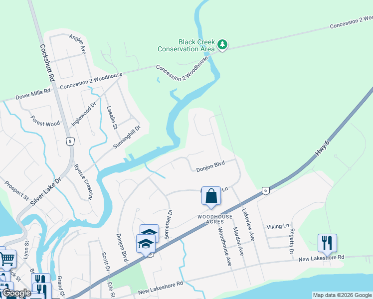 map of restaurants, bars, coffee shops, grocery stores, and more near 117 Donjon Boulevard in Port Dover