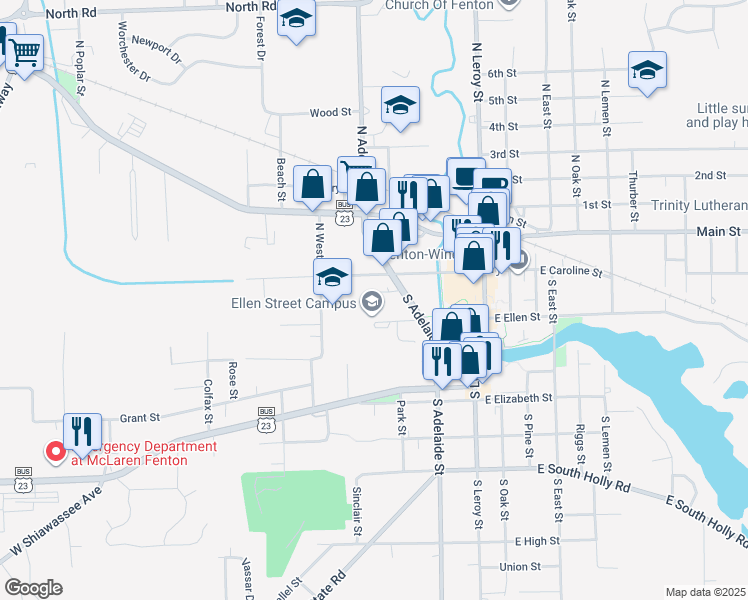 map of restaurants, bars, coffee shops, grocery stores, and more near 404 West Ellen Street in Fenton