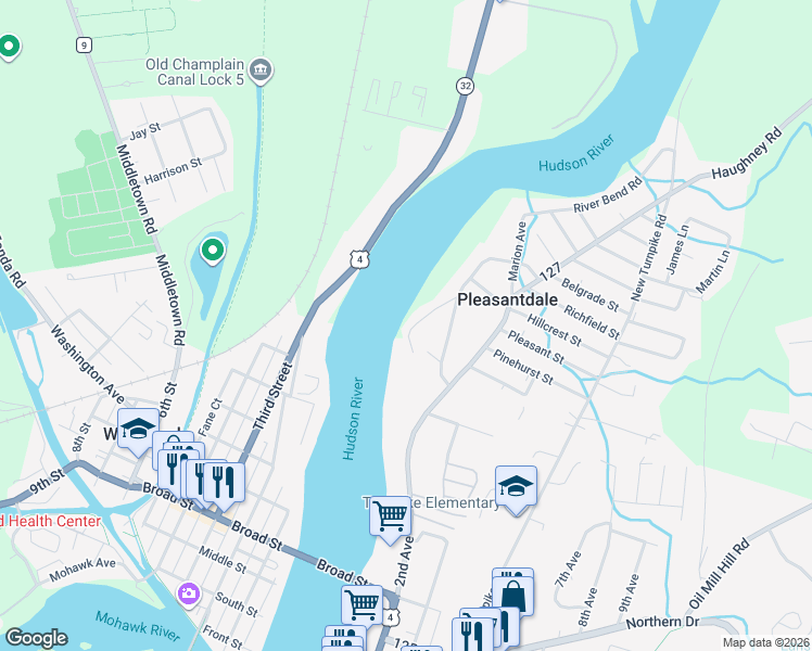 map of restaurants, bars, coffee shops, grocery stores, and more near 332 Hudson Avenue in Troy