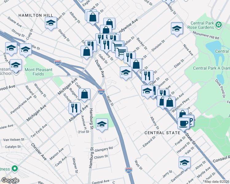 map of restaurants, bars, coffee shops, grocery stores, and more near 179 Tremont Avenue in Schenectady