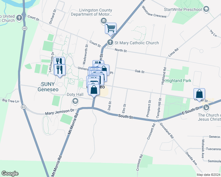 map of restaurants, bars, coffee shops, grocery stores, and more near 15 Chestnut Street in Geneseo