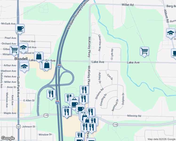 map of restaurants, bars, coffee shops, grocery stores, and more near 3300 McKinley Parkway in Buffalo