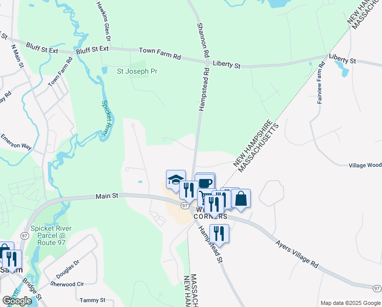 map of restaurants, bars, coffee shops, grocery stores, and more near 1 Meadow Lane in Salem