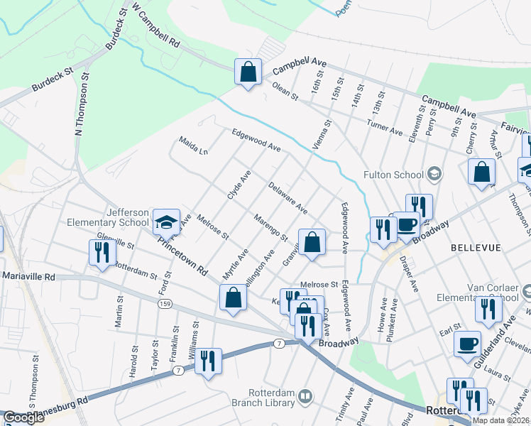 map of restaurants, bars, coffee shops, grocery stores, and more near 2833 Caroline Avenue in Rotterdam