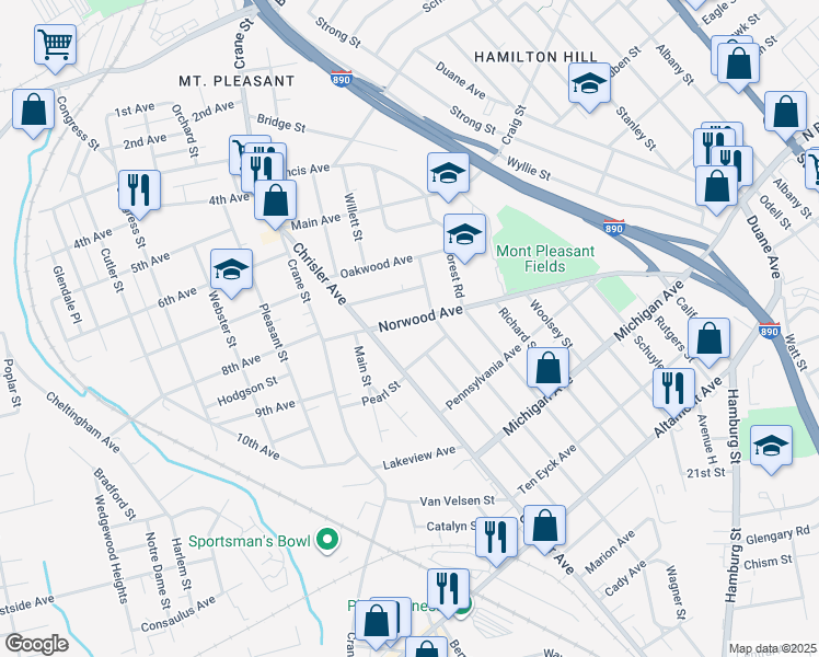 map of restaurants, bars, coffee shops, grocery stores, and more near 856 Maplewood Avenue in Schenectady