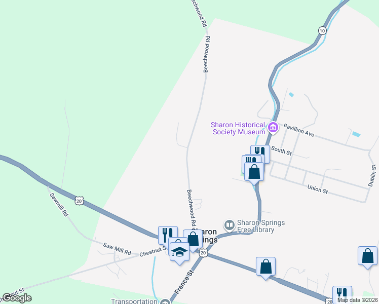map of restaurants, bars, coffee shops, grocery stores, and more near 184 Beechwood Road in Sharon Springs