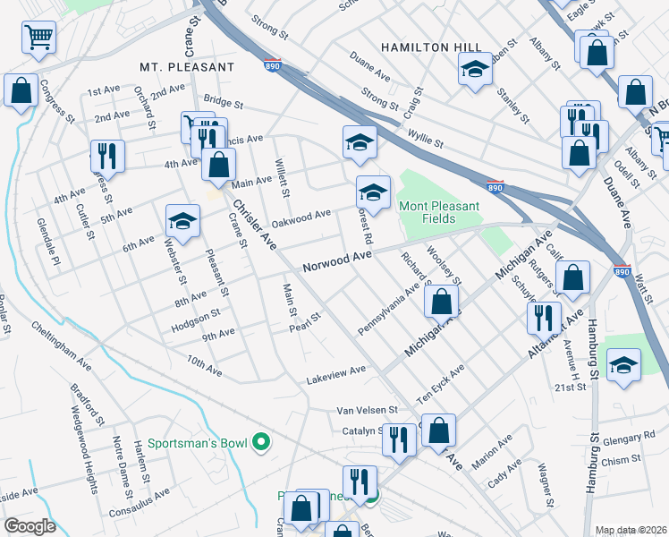 map of restaurants, bars, coffee shops, grocery stores, and more near 856 Maplewood Avenue in Schenectady