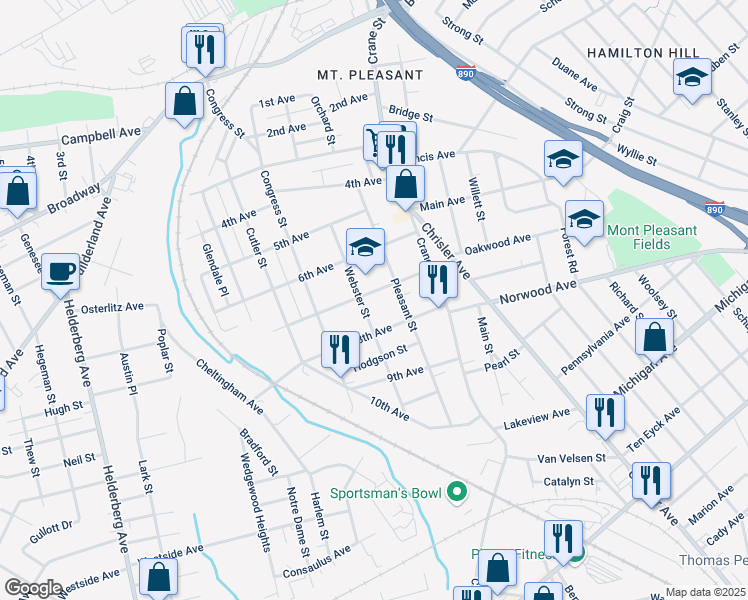 map of restaurants, bars, coffee shops, grocery stores, and more near 1076 Pleasant Street in Schenectady