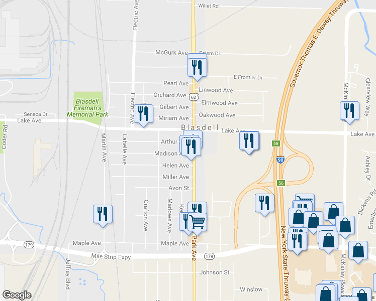 map of restaurants, bars, coffee shops, grocery stores, and more near 7 Madison Avenue in Buffalo