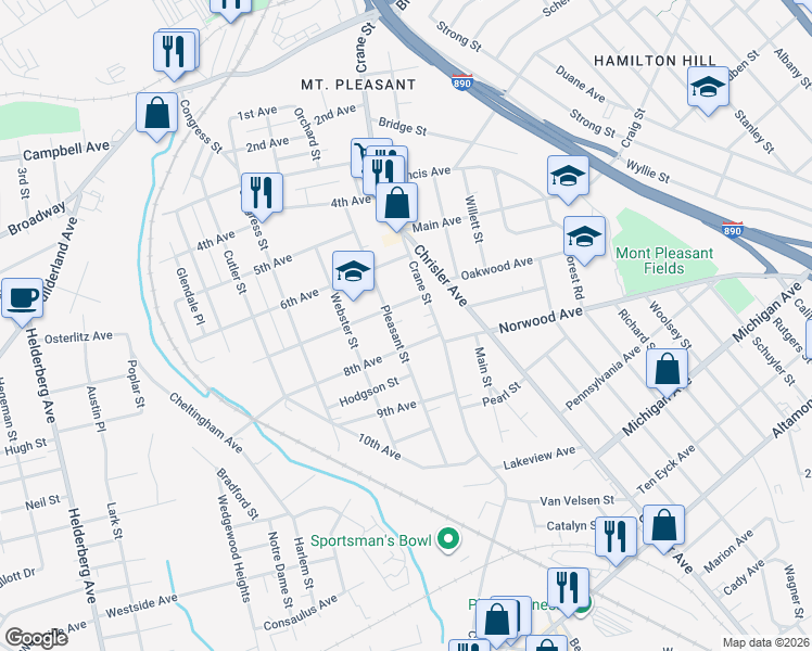 map of restaurants, bars, coffee shops, grocery stores, and more near 1116 7th Avenue in Schenectady