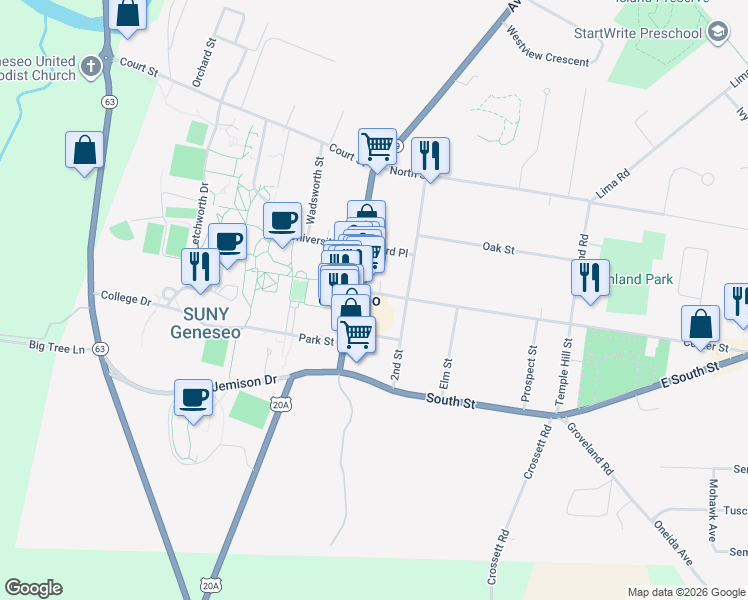 map of restaurants, bars, coffee shops, grocery stores, and more near 5 Center Street in Geneseo