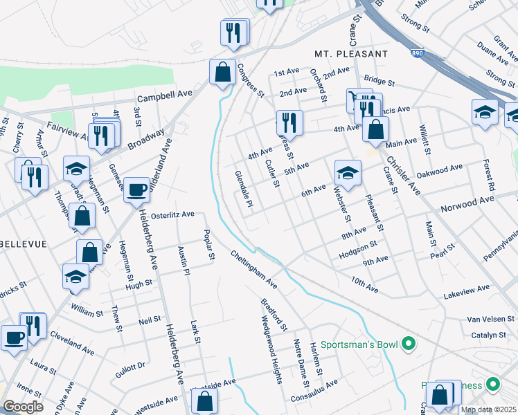 map of restaurants, bars, coffee shops, grocery stores, and more near 1045 Glendale Place in Schenectady