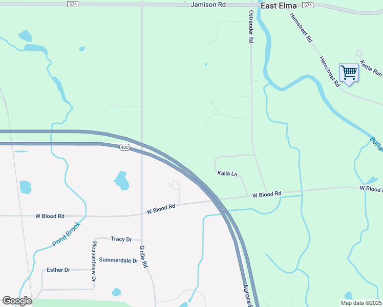 map of restaurants, bars, coffee shops, grocery stores, and more near 126 Kalla Lane in East Aurora
