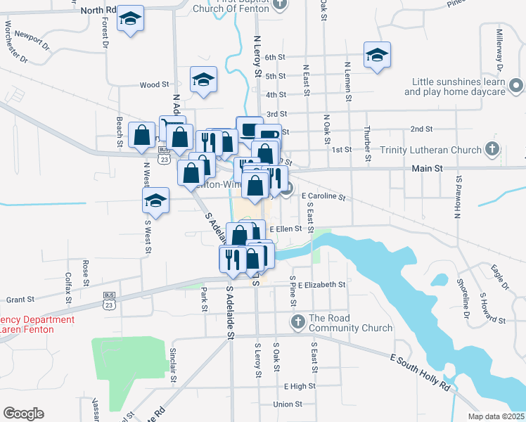 map of restaurants, bars, coffee shops, grocery stores, and more near 134 South Leroy Street in Fenton