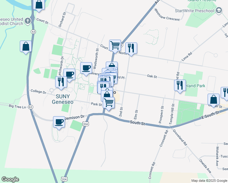 map of restaurants, bars, coffee shops, grocery stores, and more near 5 Center Street in Geneseo