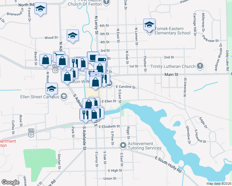 map of restaurants, bars, coffee shops, grocery stores, and more near 107 South Pine Street in Fenton
