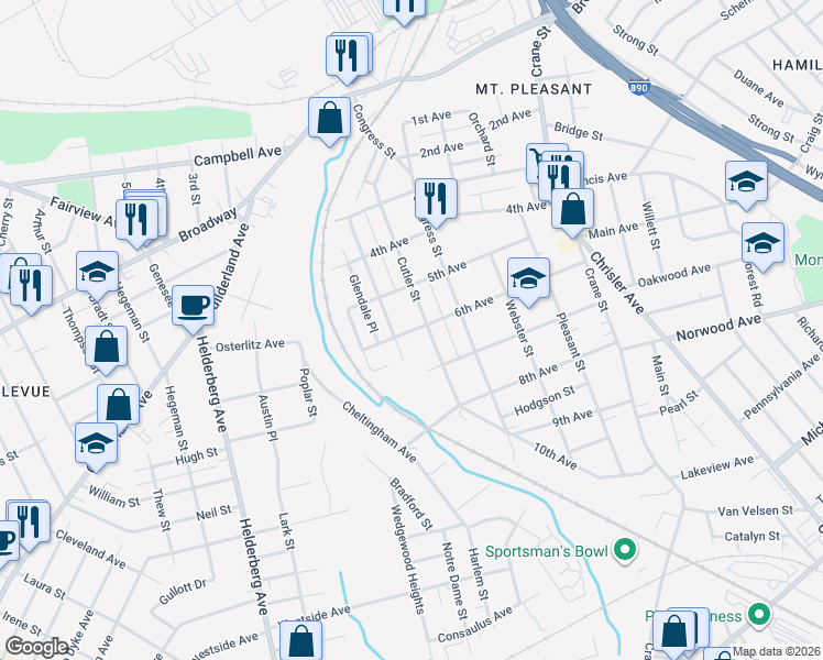 map of restaurants, bars, coffee shops, grocery stores, and more near 1025 Davis Terrace in Schenectady