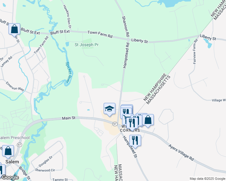map of restaurants, bars, coffee shops, grocery stores, and more near 11 Meadow Lane in Salem