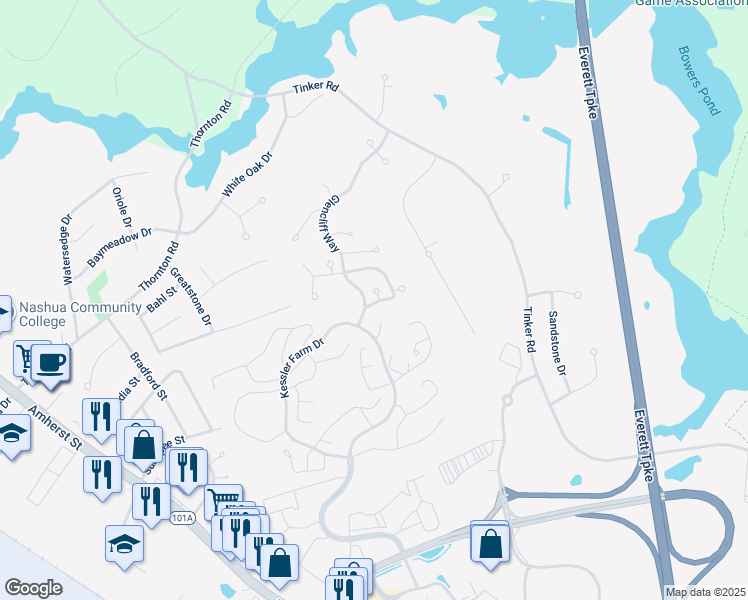 map of restaurants, bars, coffee shops, grocery stores, and more near 8 Ipswich Circle in Nashua