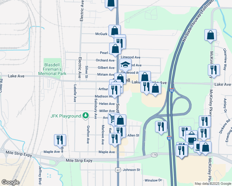 map of restaurants, bars, coffee shops, grocery stores, and more near 3748 South Park Avenue in Buffalo